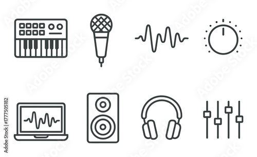 Music equipment icons with keyboard, microphone, speaker, and headphones