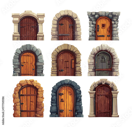 Medieval doors cartoon vector set. Wooden stone entrance rock archway ancient castle gateway old times architecture rustic wood texture fantasy game element object isolated illustration on white
