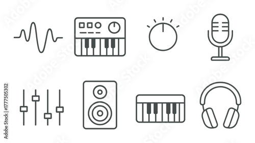 Music icons set featuring synthesizer, microphone, headphones, and equalizer