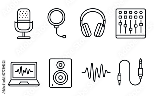 Audio equipment icons featuring microphone, headphones, mixer, laptop, speaker, sound wave, cable