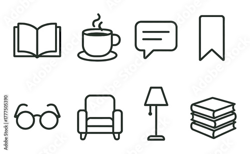 Cozy reading icons: lamp, chair, book, coffee, glasses, speech bubble, bookmark, stack