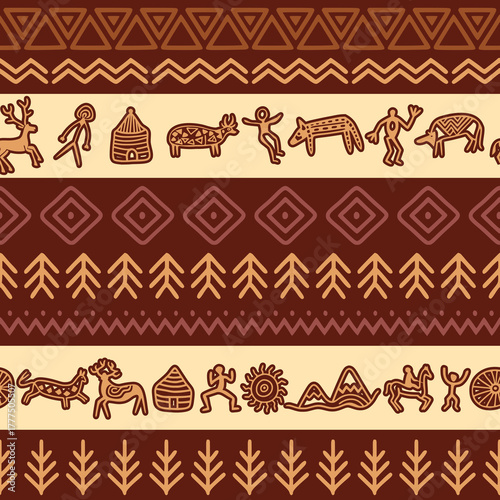 Seamless ethnic background, rock paintings and geometric ornament, naive art, petroglyph pattern, vector design