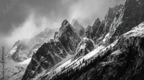 Striking monochrome view of jagged mountain peaks partly obscured by clouds and snow