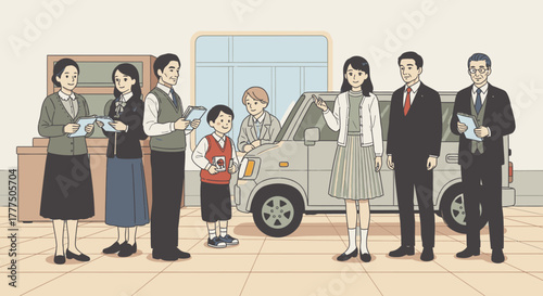Family buying a car from a dealership, with salespeople present.