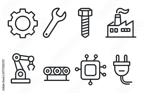 Industrial icons set: gear, wrench, bolt, factory, robot arm, conveyor, microchip, plug