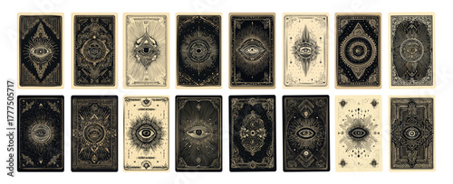 Occult tarot card backs cartoon vector set. Esoteric mystical symbols all seeing eye spiritual gold engravings fortune telling magic abstract celestial elements theme isolated on white backdrop