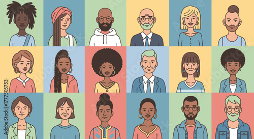 A diverse group of people of various ages, ethnicities, and genders are depicted in a grid of colorful squares.