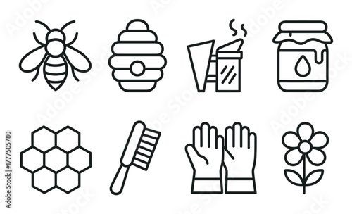 Beekeeping icons: bee, hive, smoker, honey, honeycomb, gloves, brush, flower