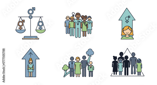 Collection of flat design icons representing gender equality, diversity, and social progress.