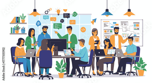 A diverse team of professionals collaborating and working together in a modern, open-plan office environment.