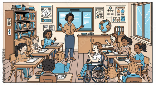 Classroom scene with teacher and students, including a student in a wheelchair.