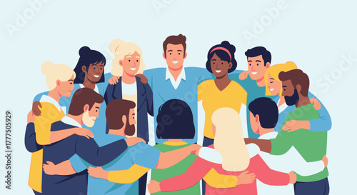 A diverse community of people standing together in a supportive group hug, symbolizing unity and teamwork.