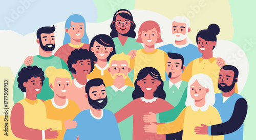 A diverse group of people of various ages and ethnicities are smiling and embracing each other in a friendly gathering.