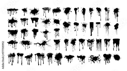 Paint drip splatter black vector set. Grunge dirty splash texture liquid drop stain artistic element distressed overlay graphic ink drops illustration isolated on white background
