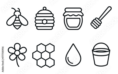 Honey production icons: bee, hive, honey jar, dipper, flower, hexagon, drop, bucket
