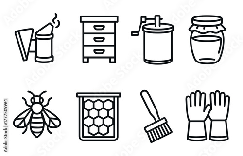 Beekeeping tools icons: smoker, hive, extractor, jar, bee, honeycomb, brush, gloves