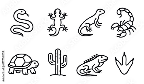 Outlined reptile and desert icons: snake, lizard, scorpion, tortoise, cactus