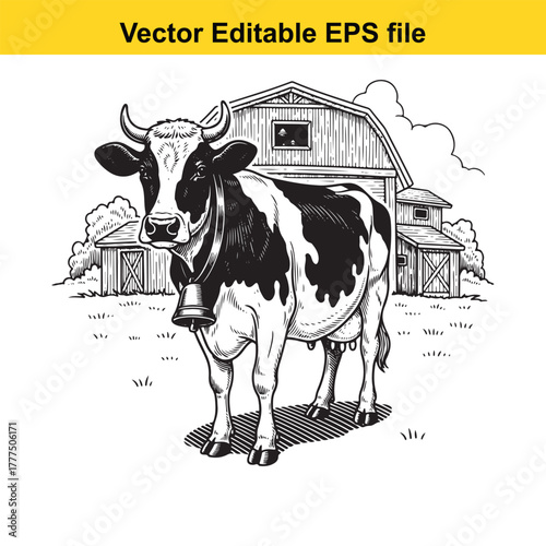 Black and white illustration of a cow with a bell around its neck standing in front of a barn and sheds