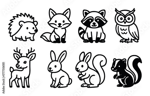 Cute woodland animals: hedgehog, fox, raccoon, owl, deer, rabbit, squirrel, skunk