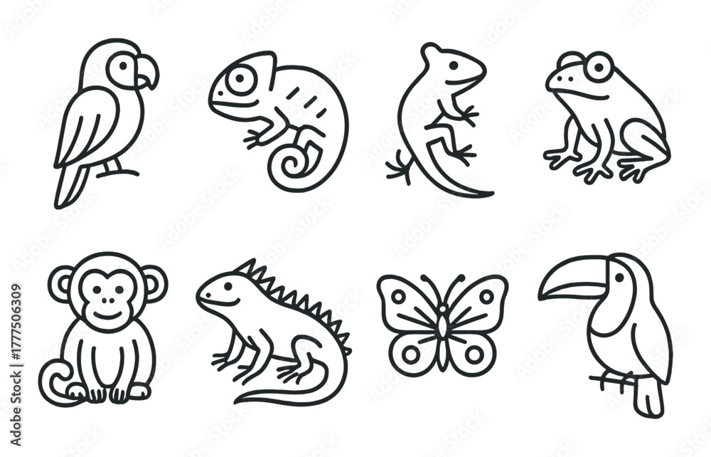 Naklejka premium Animal icon set featuring reptiles birds amphibian insects on dark background