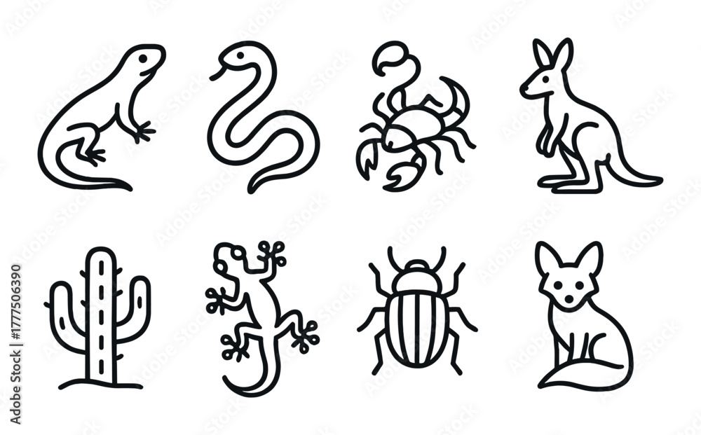 Naklejka premium Desert animal icons: lizard, snake, scorpion, kangaroo, cactus, gecko, beetle, fennec