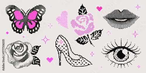 A collection of pixelated retro style graphics including a butterfly roses lips high heel shoe and an eye
