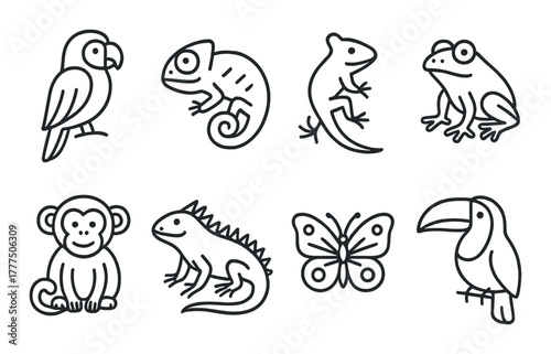 Animal icon set featuring reptiles birds amphibian insects on dark background