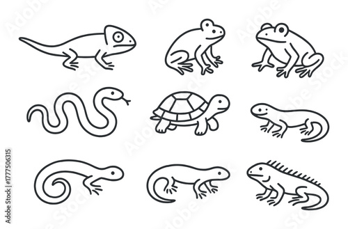 Collection of reptile and amphibian icons featuring snakes, lizards, frogs, and turtles