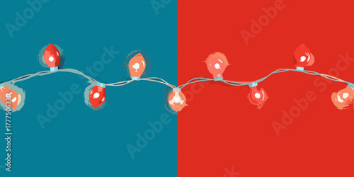 Festive string lights with red and blue backgrounds create a vibrant and celebratory atmosphere