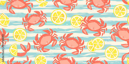 Seamless pattern of cute coral crabs and yellow lemon slices on a light blue striped background