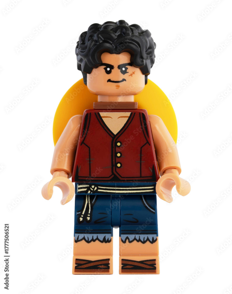 Obraz premium Dortmund - Deutschland 4. November 2025 - Lego Figur Ruffy blickt böse der Serie One Piece - Studio Aufnahme