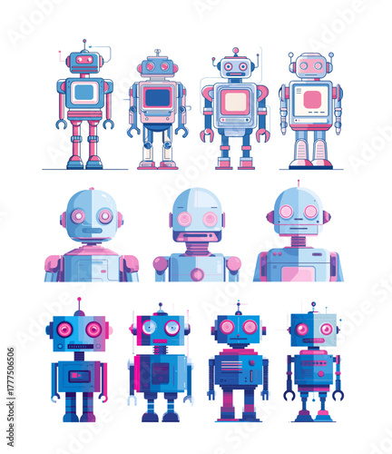 Robot character vector set. Android full height front view micro chips mechanical details, smart technology human like personage speakers yey scanner wires sensors isolated on white backg