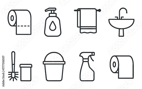Bathroom essentials: icons of toilet paper, soap dispenser, towel, sink, and cleaning supplies