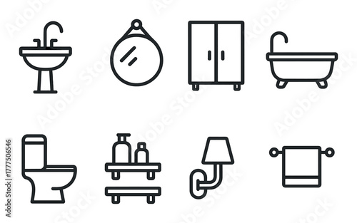 Minimalist bathroom icon set with fixtures and accessories
