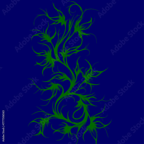 Abstract thorny vine illustration, green and blue, representing a dark fantasy or nature pattern