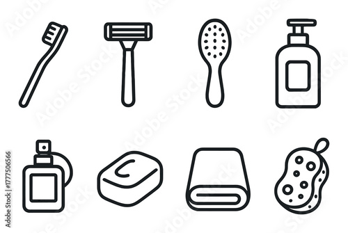 Minimalist bathroom essentials icons: toothbrush, razor, soap, shampoo, towel, sponge, comb, lotion