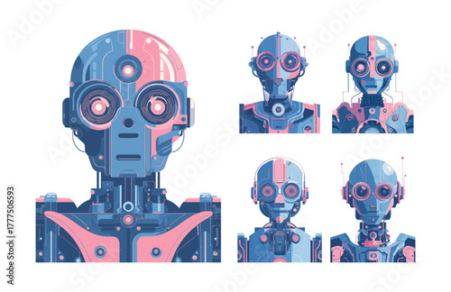 Robot portrait vector set. Android character head front view micro chops iron mechanical details, human like smart technology speakers yey scanner antennas sensors isolated on white backg