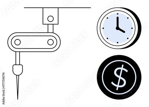 Robotic arm performing a task next to a clock and dollar sign, denoting automation, productivity, time tracking, and economic efficiency. Ideal for technology, business, manufacturing, time