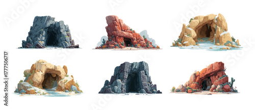 Rock cave entrance cartoon vector set. Natural boulder stone underground shelter refuge arid terrain grotto highland desert mountain environment isolated on white background