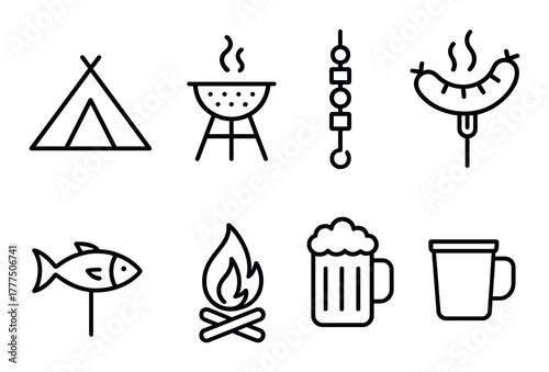 Outdoor camping icons: tent, bbq, skewers, sausage, fish, campfire, beer, mug