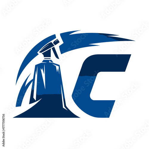 Professional cleaning spray bottle icon with dynamic blue swoosh and abstract letter C graphic for hygiene services.