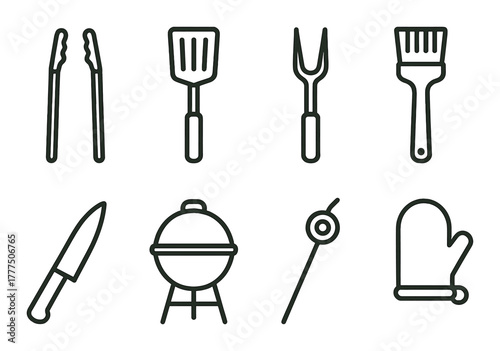 Barbecue tools: grill, tongs, spatula, fork, brush, knife, skewer, mitt