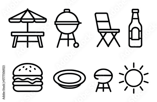 Outdoor bbq icons set: grill, chair, picnic table, condiments, burger, plate, sun