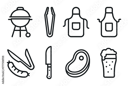 Bbq icon set with grill, tongs, apron, sausage, knife, steak, and beer glass