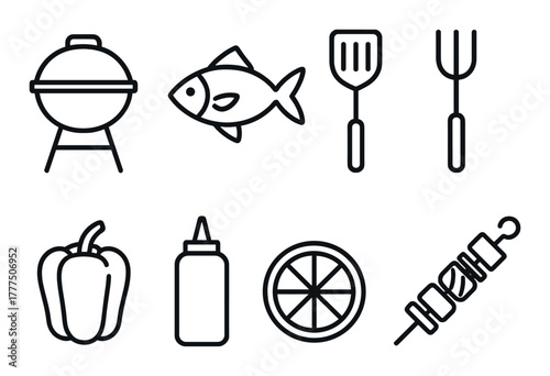 Grill and bbq tools with food icons on dark background