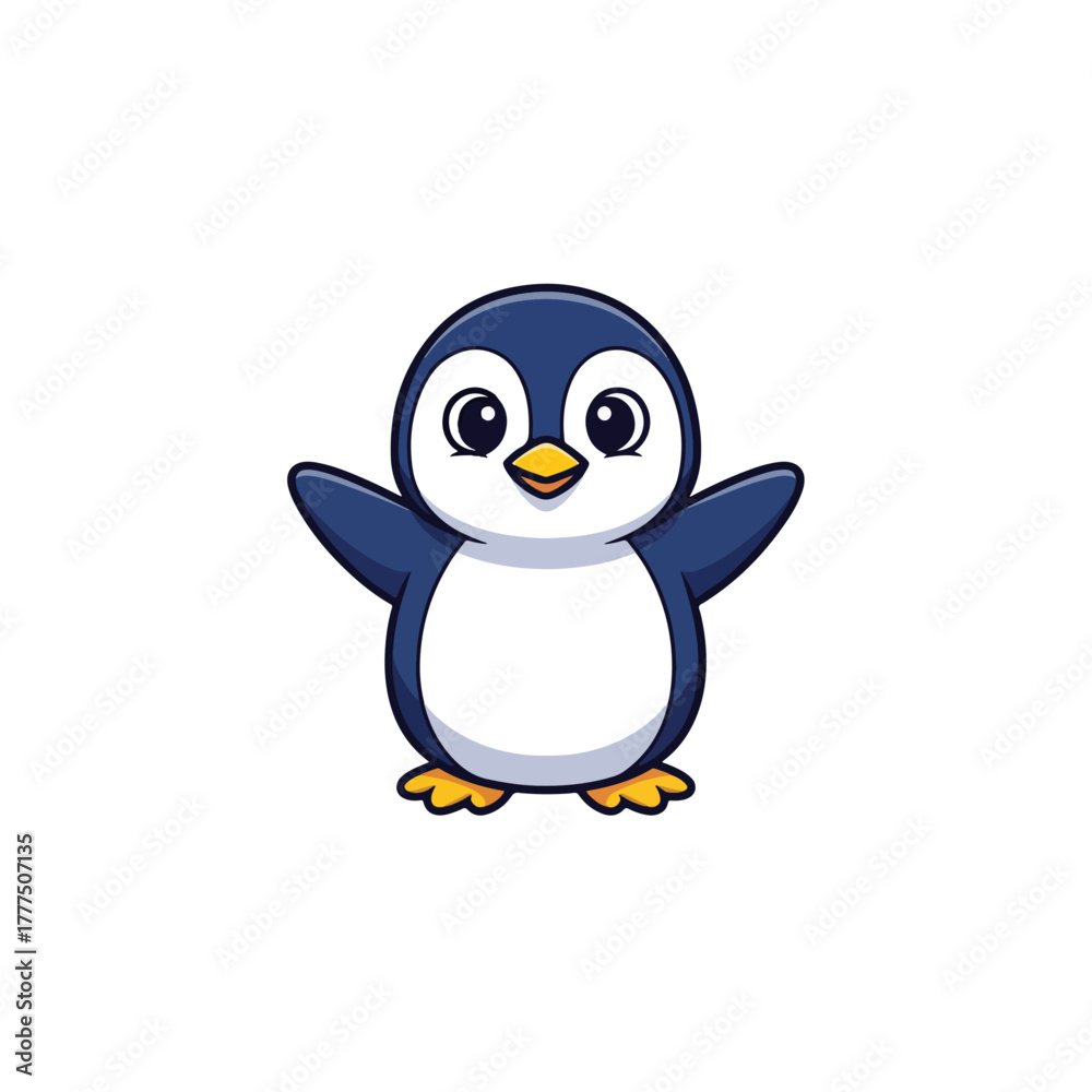 Obraz premium Cute cartoon penguin vector illustration, adorable cheerful arctic bird character, friendly design on white