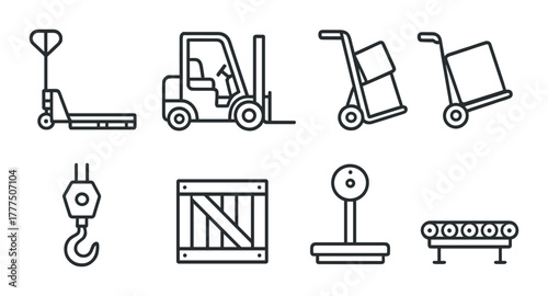 Logistics tools: forklift, pallet jack, hand truck, crane hook, crate, scale, conveyor