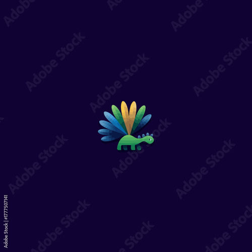 Vibrant gradient colored whimsical creature illustration with a large, fanned tail. Playful fantasy animal design.