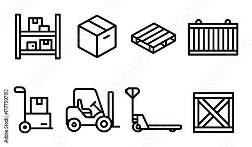 Warehouse icons set: boxes, pallet, forklift, and shipping equipment