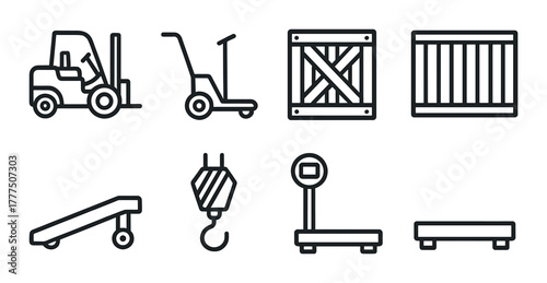 Warehouse equipment icons: forklift, pallet jack, crate, hook, scale
